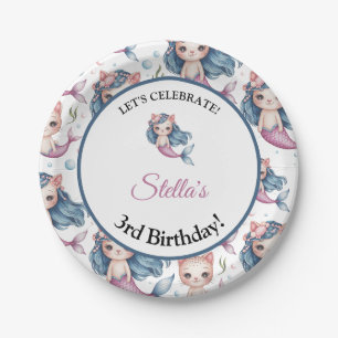 Assiettes En Carton Aquarelle bleu rose Sirène Chat Fille Anniversaire