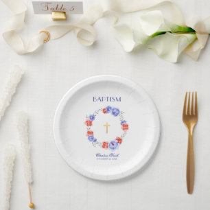 Assiettes En Carton Aquarelle bleu rouge floral Baptême Christening