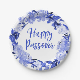 Assiettes En Carton Aquarelle bleu royal Floral Happy Passover