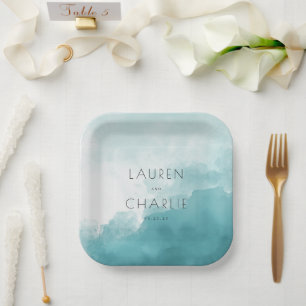 Assiettes En Carton Aquarelle Bleu Serein