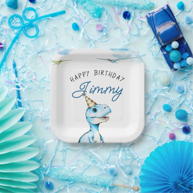 Assiettes En Carton Aquarelle Bleu Trois Rex Dinosaur Anniversaire (Fête)