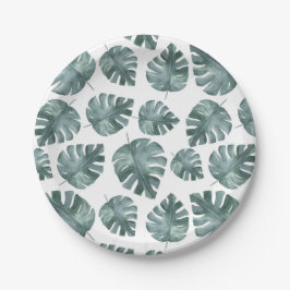 Assiettes En Carton Aquarelle bleu vert Monstera Motif Anniversaire