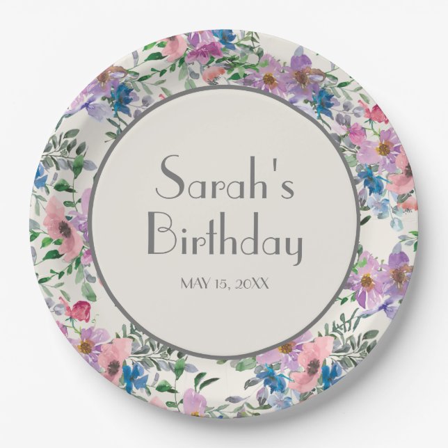 Assiettes En Carton Aquarelle bleu violet rose Fleurs crème douce 16 (Devant)