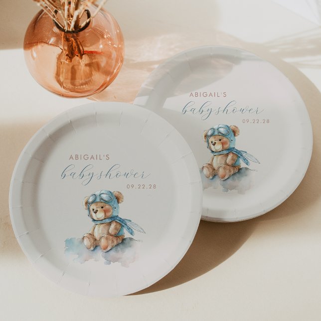 Assiettes En Carton Aquarelle Bleue Cute Baby shower Garçon Ours Teddy (Créateur téléchargé)