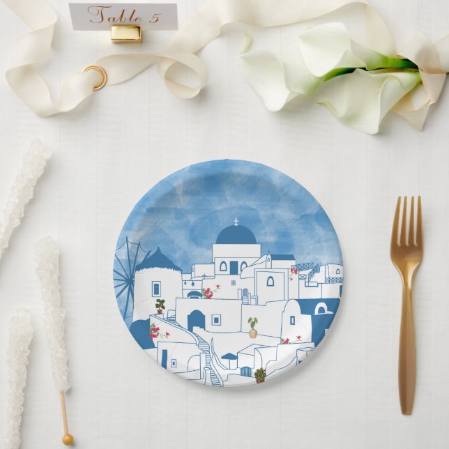 Assiettes En Carton Aquarelle bleue et blanche Santorin Grèce (Mariage)