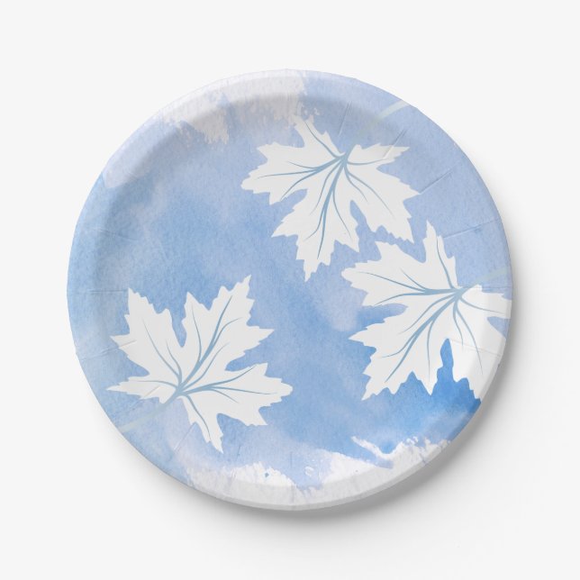 Assiettes En Carton Aquarelle bleue moderne et feuilles d'érable (Devant)