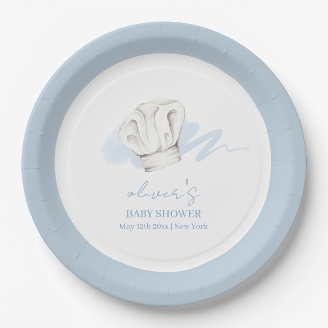 Assiettes En Carton Aquarelle bleue Moderne Petit Chef Baby shower (Devant)