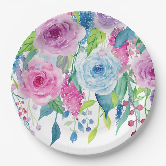 Assiettes En Carton Aquarelle bleue rose romantique florale (Devant)