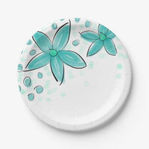 Assiettes En Carton Aquarelle bleue turquoise motif floral