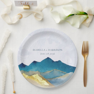 Assiettes En Carton Aquarelle Blue Gold Foil Mountain Mariage extérieu
