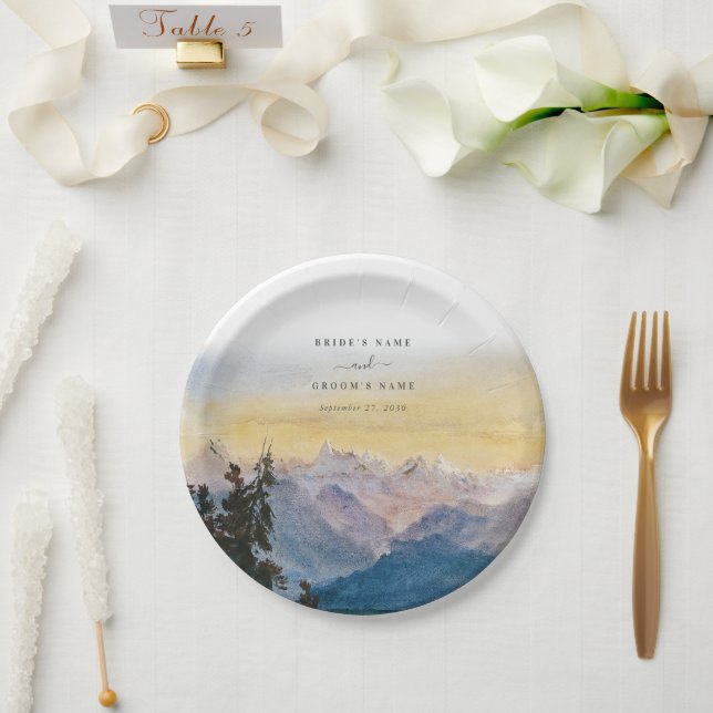 Assiettes En Carton Aquarelle Blue Mountains Pine Mariage (Mariage)