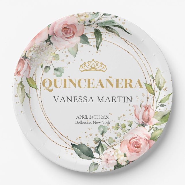 Assiettes En Carton Aquarelle Blush rose eucalyptus or Quinceañera (Devant)