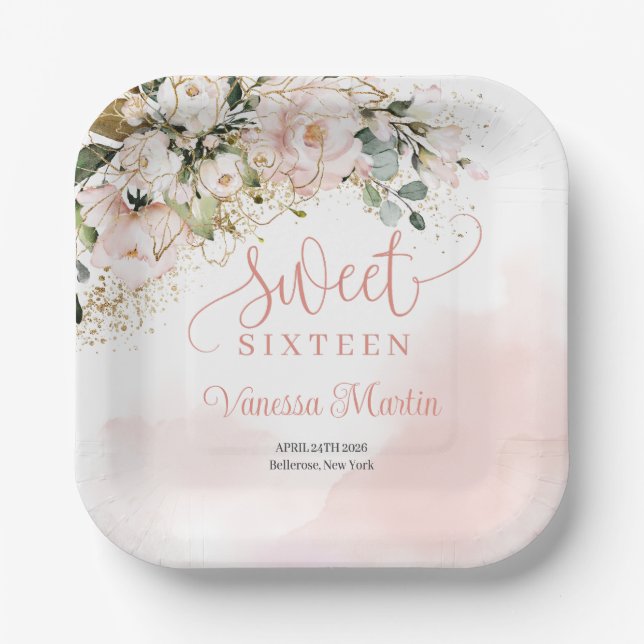 Assiettes En Carton Aquarelle Blush rose eucalyptus sweet sixteen (Recto)