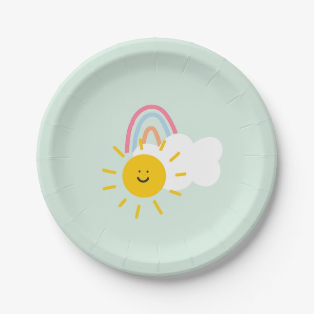 Assiettes En Carton Aquarelle Boho arc-en-ciel et soleil (Devant)
