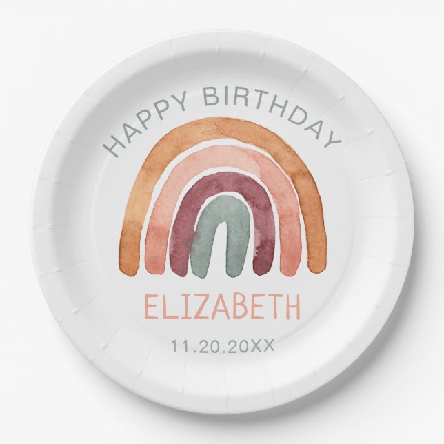 Assiettes En Carton Aquarelle Boho Arc-en-ciel Joyeux anniversaire (Devant)