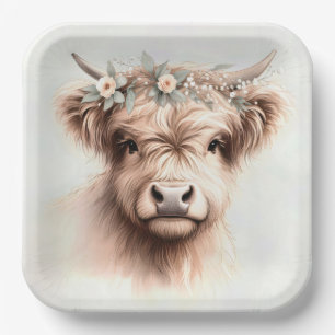 Assiettes En Carton Aquarelle Boho Highland Vache avec tête nuptiale