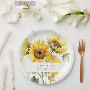 Assiettes En Carton Aquarelle Boho minimale Tournesol Mariage rustique