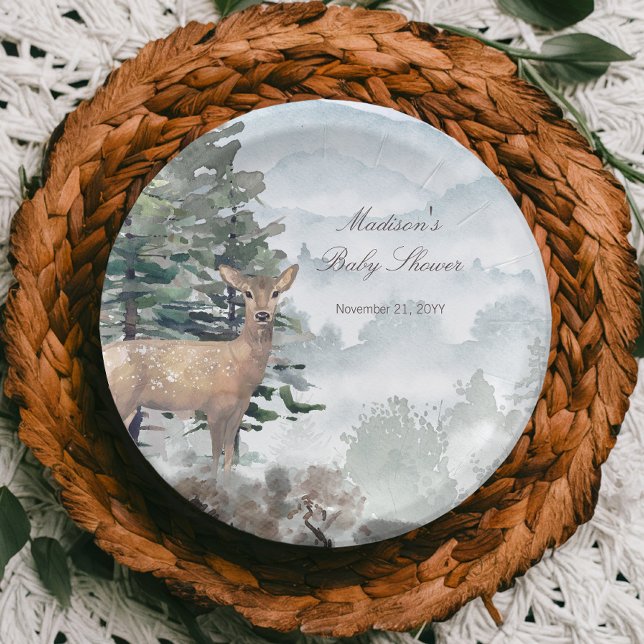 Assiettes En Carton Aquarelle Bois Forêt Baby shower Doe (Watercolor Woodland Forest Doe Baby Shower Paper Plates)