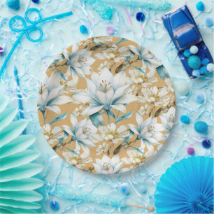 Assiettes En Carton Aquarelle botanique bleu blanc lily floral
