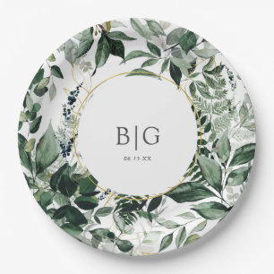 Assiettes En Carton Aquarelle Botanique Feuillage vert mariage