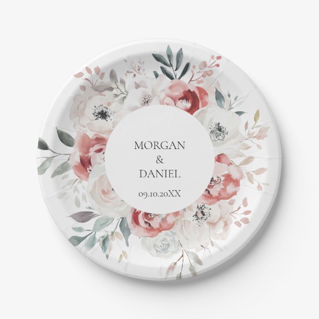 Assiettes En Carton Aquarelle botanique Rose Jardin Mariage (Devant)