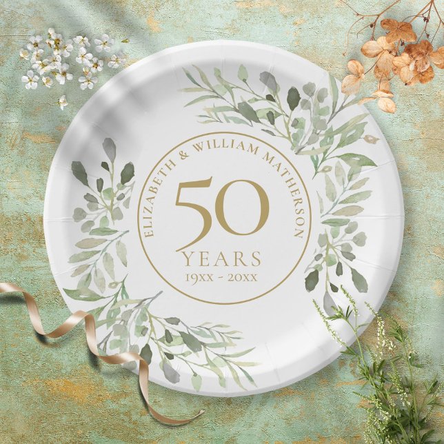 Assiettes En Carton Aquarelle botanique Verdure 50e anniversaire (Créateur téléchargé)