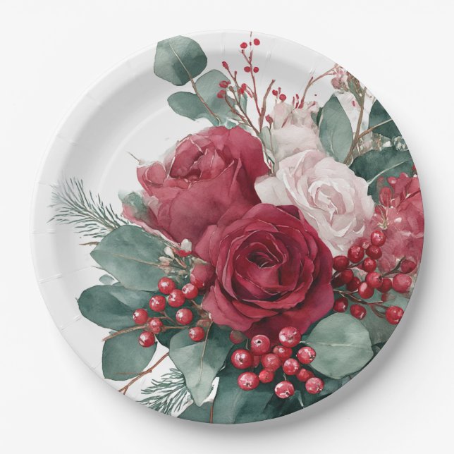 Assiettes En Carton Aquarelle Bourgogne & Blush Roses Fête des mariées (Devant)