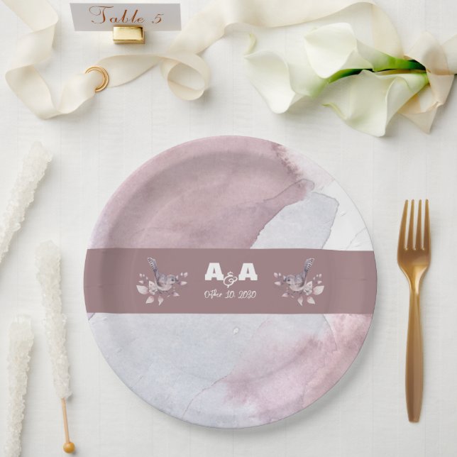 Assiettes En Carton Aquarelle Bourgogne Dusty (Mariage)