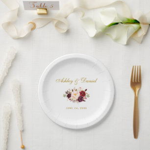Assiettes En Carton Aquarelle Bourgogne Floral Mariage or