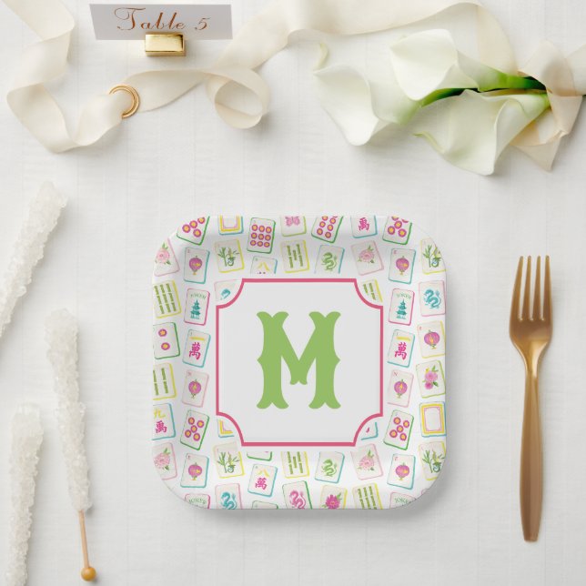 Assiettes En Carton Aquarelle brillante Mahjong Titres Monogramme (Mariage)
