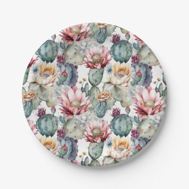 Assiettes En Carton Aquarelle Cactus en fleurs Succulents (Devant)
