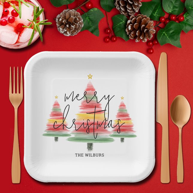 Assiettes En Carton Aquarelle Carré Arbres de Noël (Créateur téléchargé)