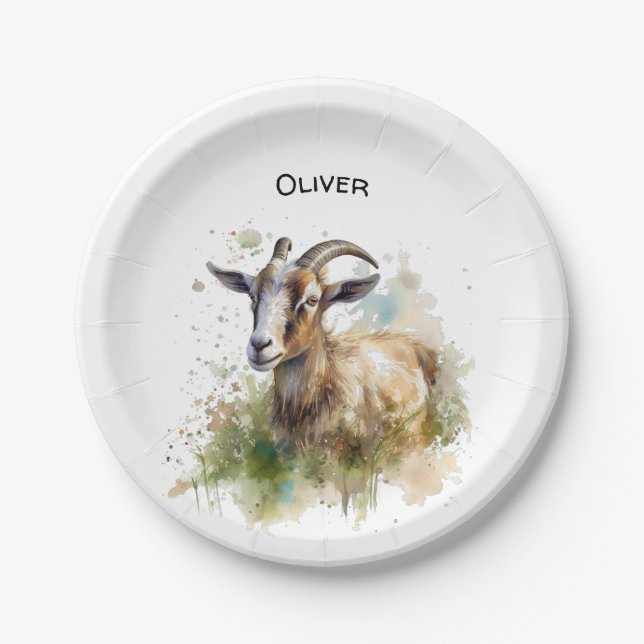 Assiettes En Carton Aquarelle Chèvre de ferme, sur mesure (Devant)