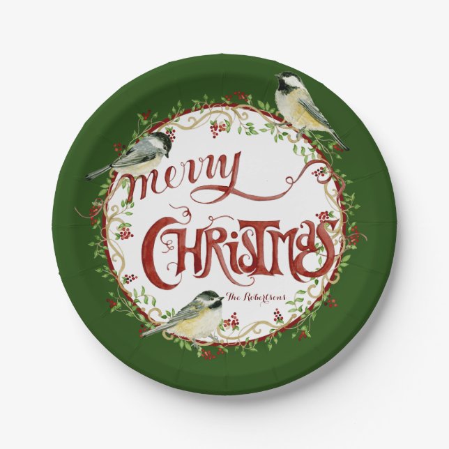 Assiettes En Carton Aquarelle Chickadee Birds Joyeux Noël Wreath (Devant)
