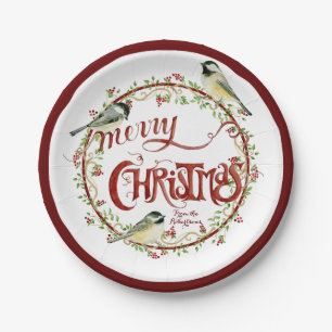 Assiettes En Carton Aquarelle Chickadee Birds Joyeux Noël Wreath