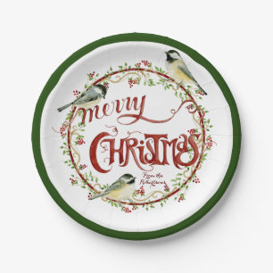 Assiettes En Carton Aquarelle Chickadee Birds Joyeux Noël Wreath