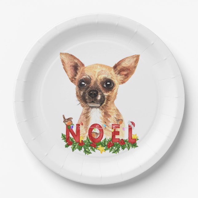 Assiettes En Carton Aquarelle Chihuahua Noel Noël (Devant)