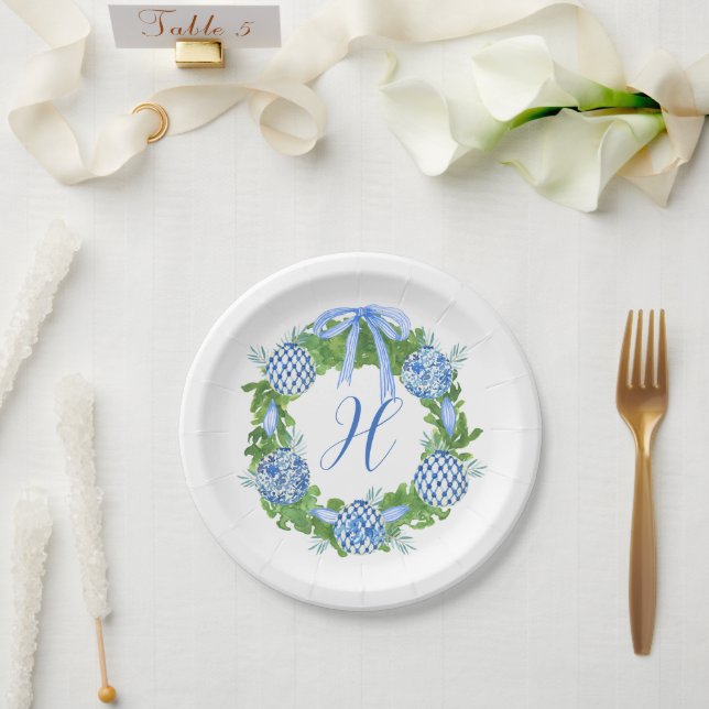 Assiettes En Carton Aquarelle Chinoiserie Wreath Noël Monogramme (Mariage)