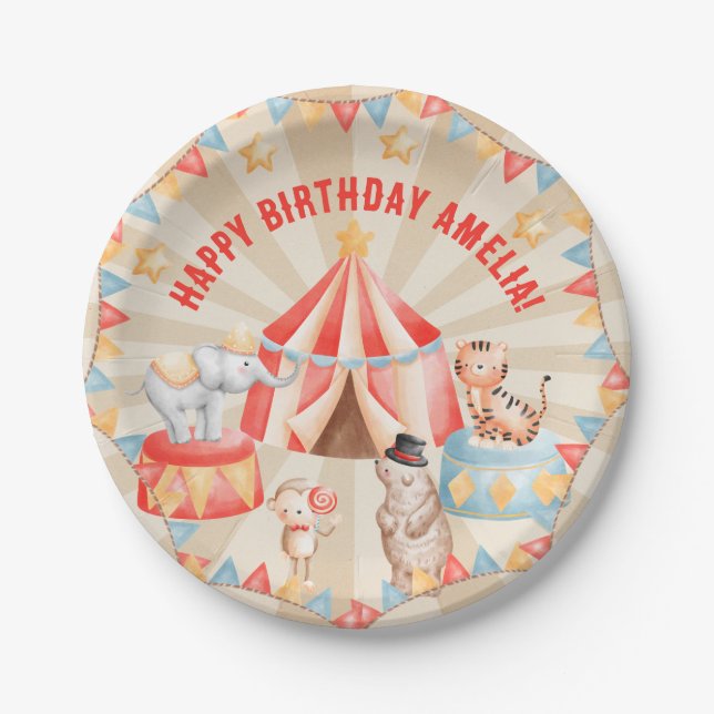 Assiettes En Carton Aquarelle Cirque Animaux Anniversaire (Devant)