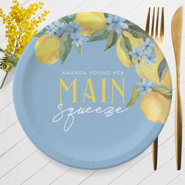 Assiettes En Carton Aquarelle Citron Bleu Main Squeeze Personnalisé (Watercolor Lemon Main Squeeze Personalized Paper Plates on Blue. 7'' or 9'' Available)