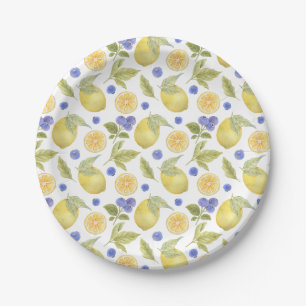 Assiettes En Carton Aquarelle Citron et Fruit aux bleuets avec Feuille