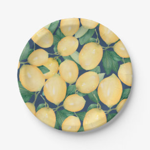 Assiettes En Carton Aquarelle Citrons Vert sur bleu marine