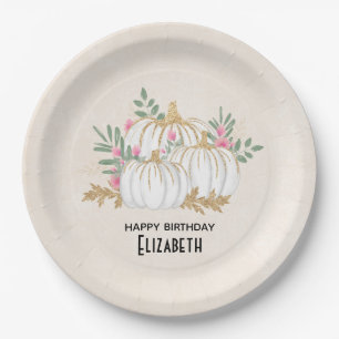 Assiettes En Carton Aquarelle Citrouille blanche et or Anniversaire