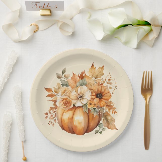 Assiettes En Carton Aquarelle Citrouille Floral Design- (Mariage)