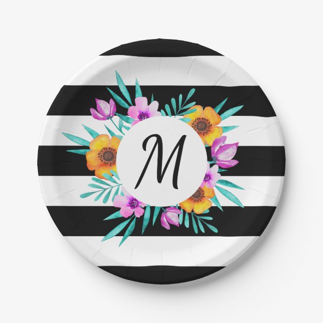 Assiettes En Carton Aquarelle classique Floral Monogramme personnalisé (Devant)