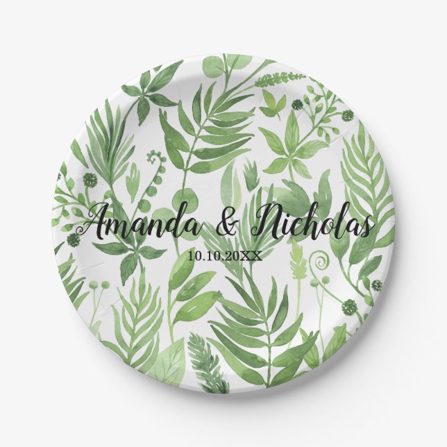 Assiettes En Carton Aquarelle classique vert pâle Mariage (Devant)
