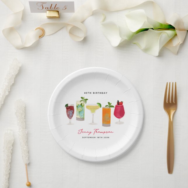 Assiettes En Carton Aquarelle Cocktails Fête Boissons Anniversaire (Mariage)