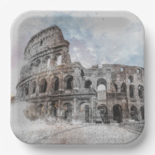 Assiettes En Carton Aquarelle Colisée Rome Italie