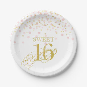 Assiettes En Carton Aquarelle Confetti Sweet 16 Elégant Or Rose