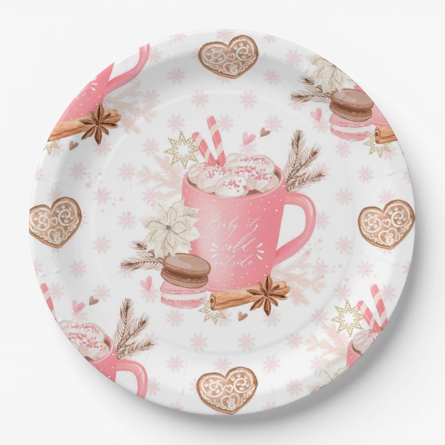 Assiettes En Carton Aquarelle Cookies de Noël rose et cacao (Devant)